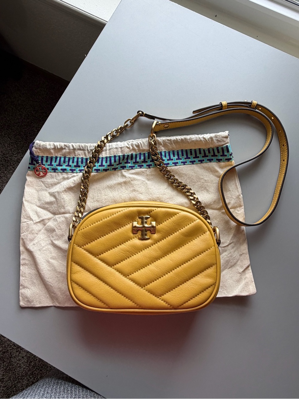 Tory Burch Leather Kira Chevron camera bag yellow